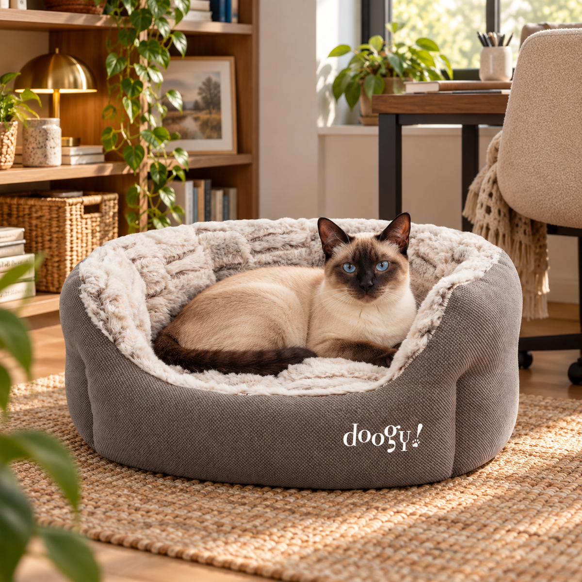 Ovale Whooly Körbchen aus Kunstpelz für Hunde und Katzen