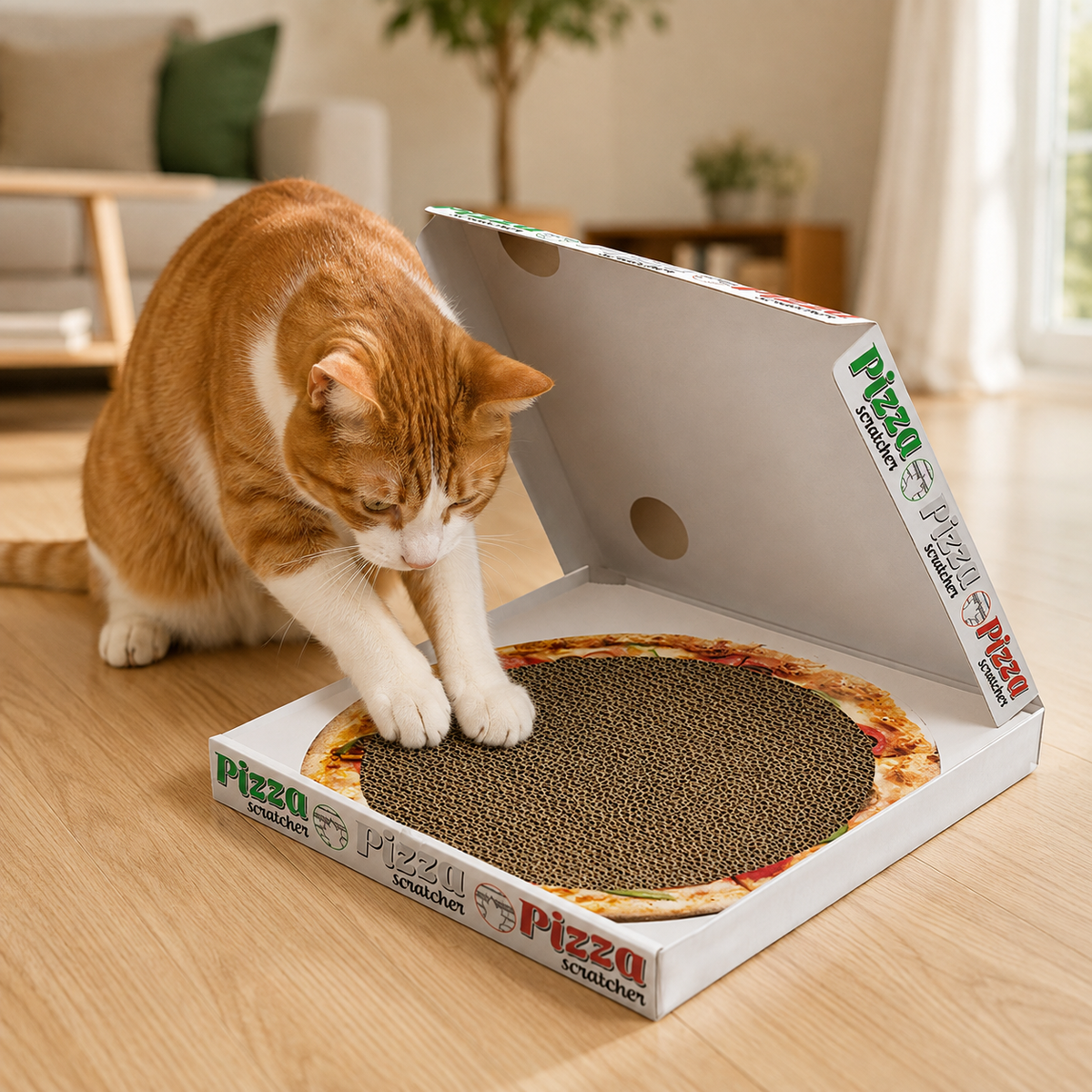 Katzenkratzbox aus Pappe in Pizzaschachtel-Form