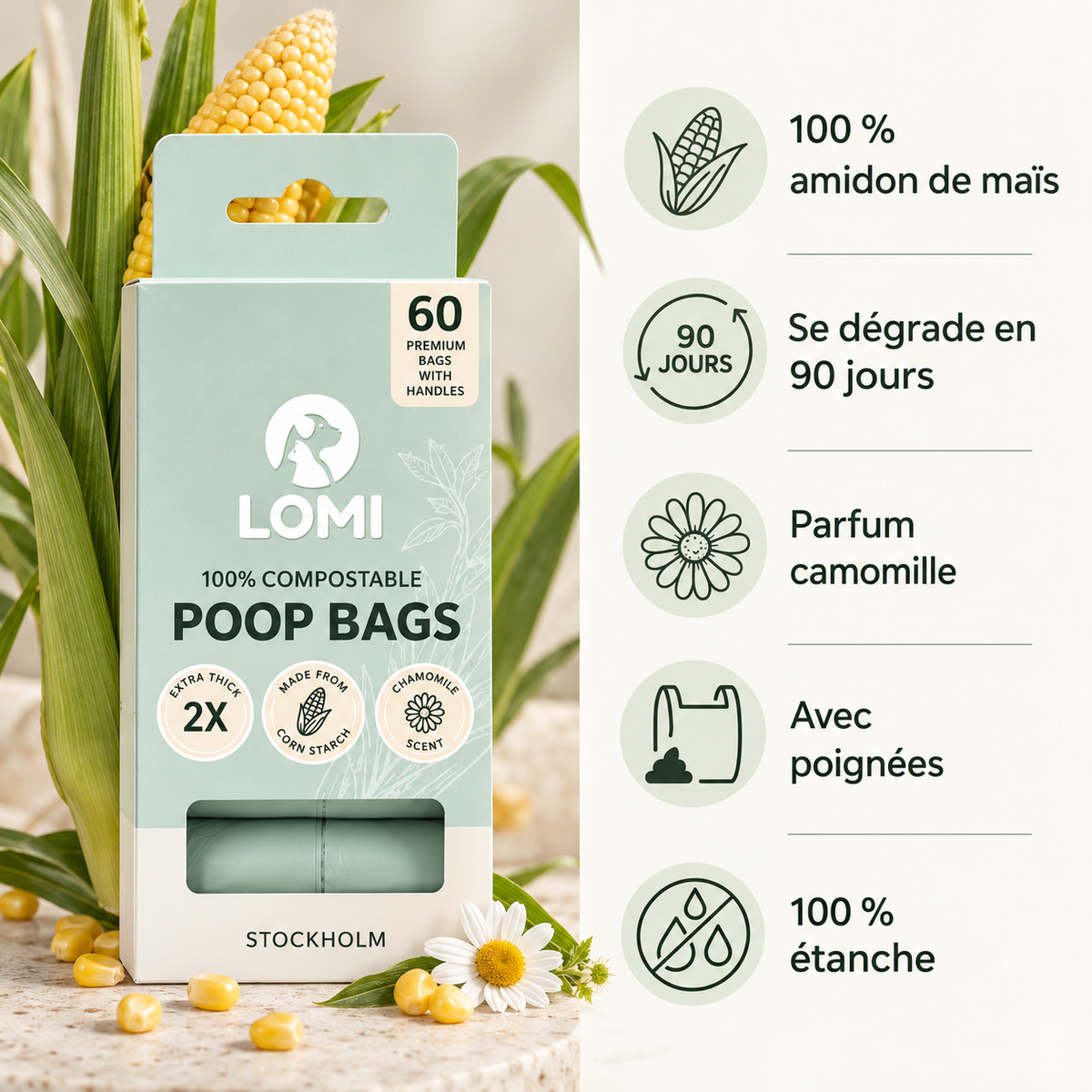 Sacs à crottes compostables avec poignées